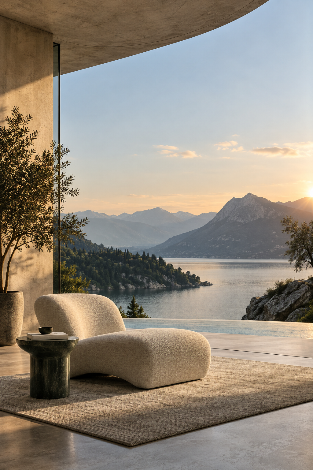 Modern interior opening toward a mountain lake at sunset