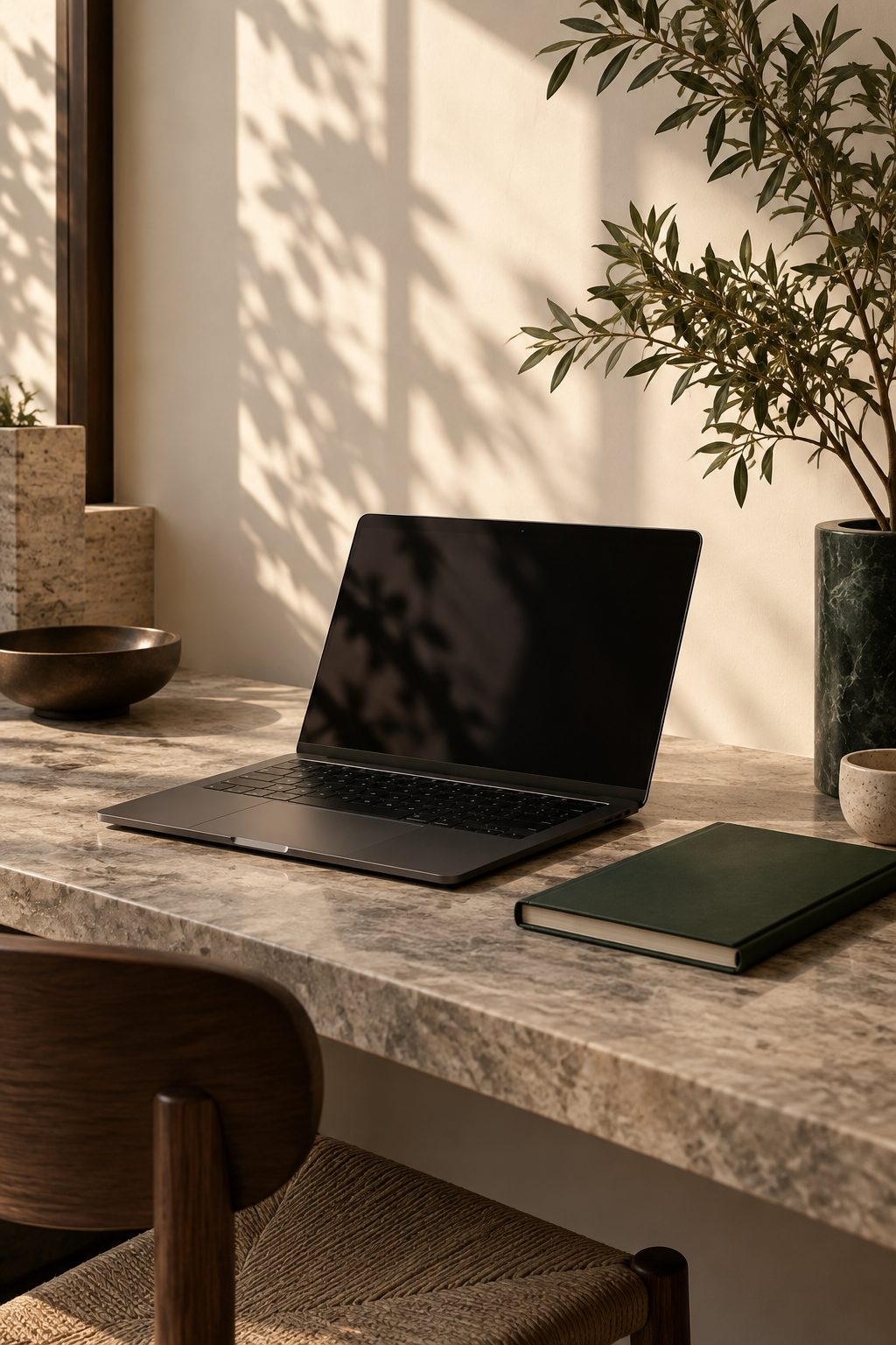 Refined technology workspace with laptop and notebook